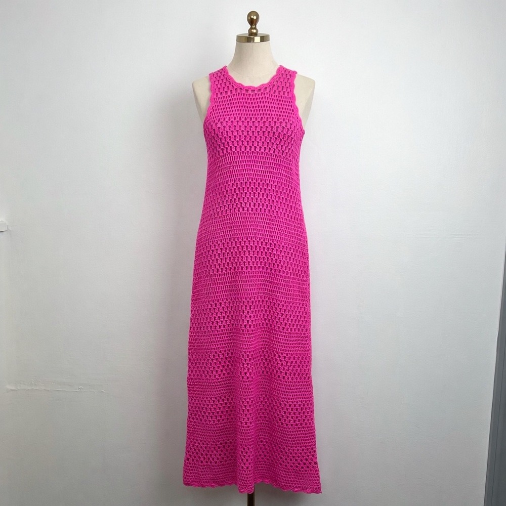 Show Me Your Mumu Barbie Sunsational Coverup Malibu Pink Crochet Maxi Dress L